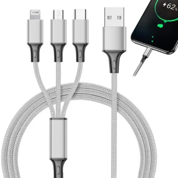 3-in-1 USB Phone Cable (Lightning, Micro USB, Type-C), 1.2m, Silver