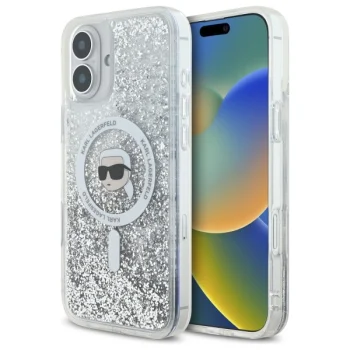 Karl Lagerfeld iPhone 16 Plus Case Liquid Glitter Karl Head MagSafe, Clear
