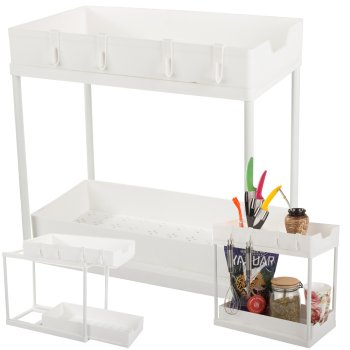 Pull-out spice rack kitchen organizer with 2 shelves, white
