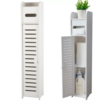 Slim Bathroom Storage Cabinet with Toilet Paper Holder, 15 x 15 x 79 cm, White