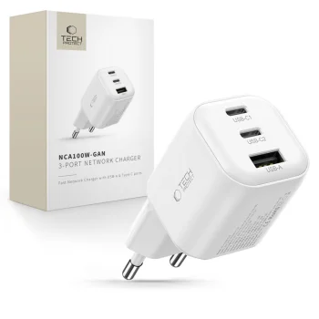 Tech-Protect NCA100W-GaN 100W 3-Port Wall Charger, White