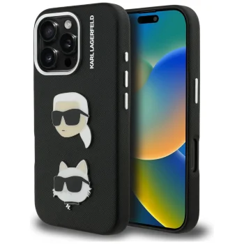 Karl Lagerfeld dėklas iPhone 16 Pro, FW Grained Karl & Choupette Heads Pins, juodas