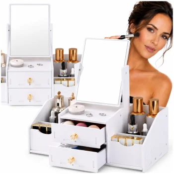 Cosmetic Organizer with Mirror and Drawers, White, 40x35x20 cm