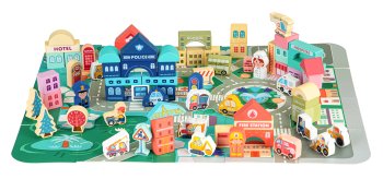 ECOTOYS Educational Wooden City Building Blocks Set with Play Mat 121 Pcs