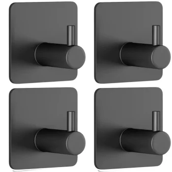 Self-Adhesive Hooks for Bathroom Wall 4 Pack, Metal Towel Hooks No Drilling, Black