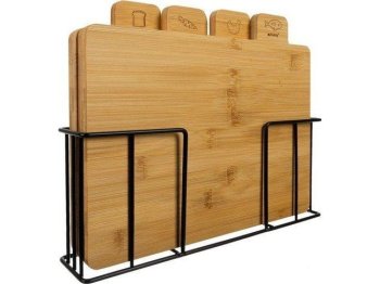 Set Of 4 Wooden Bamboo Cutting Chopping Boards with Stand