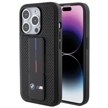 BMW Grip Stand Smooth & Perforated dėklas iPhone 15 Pro su stovu, juodas