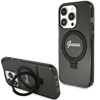 Guess iPhone 15 Pro Max Case Ring Stand Script Glitter MagSafe, Black