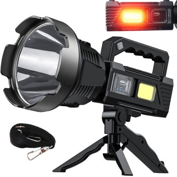 Powerful LED searchlight with tripod, CREE XHP90, COB, power bank, black