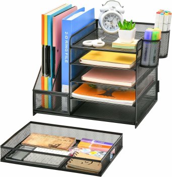 Metal Desk Organizer with Shelves and Drawer for Office Supplies, Black