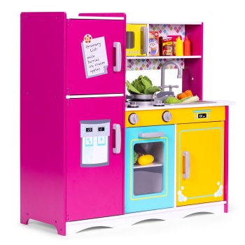 Large wooden play kitchen for children with opening fridge, oven and microwave, ECOTOYS, colorful
