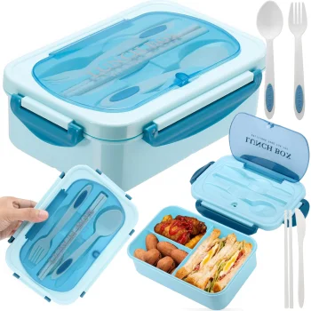 Lunch Box with 3 Compartments and Cutlery, Blue