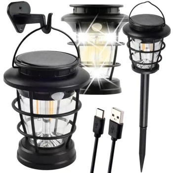 LED Solar Camping and Garden Lantern with Motion and Dusk Sensor, USB, Black