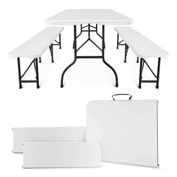 Folding Picnic Furniture Set Mountain Goat Table 180x74 cm + 2 Benches, White