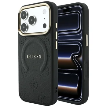 Guess Saffiano Peony & Ring MagSafe Case for iPhone 17 Pro / 18 Pro - Black