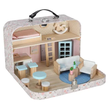 Dollhouse in a Suitcase with Wooden Furniture, 25 pcs, Pink