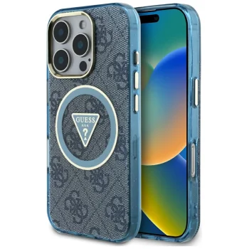 Guess iPhone 16 Pro Max Case IML Metal Glitter 4G Circle Triangle MagSafe, Blue