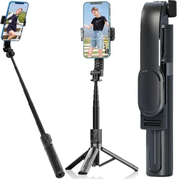 Selfie Stick with Tripod and Bluetooth Remote, 90cm, Black