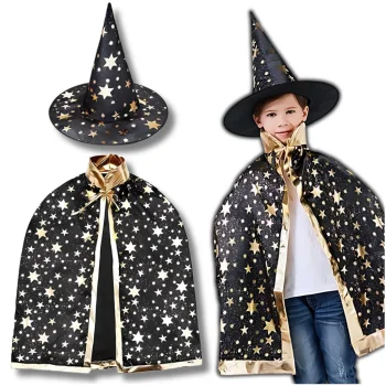 Wizard Halloween Costume Set (Cape + Hat) Black with Gold Stars