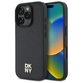 DKNY iPhone 16 Pro Max Case Repeat Pattern Stack Logo MagSafe, Black