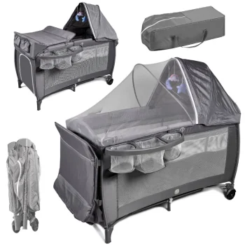 Foldable Travel Baby Cot Playpen with Changing Table and Mattress, Grey/White