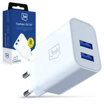 3Mk Protection FlowPower 10W 2.4A Wall Charger, 2x USB-A, White