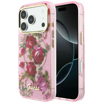 Guess IML Glitter Blossom Roses Case for iPhone 17 Pro / 18 Pro, Pink