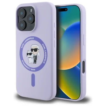 Karl Lagerfeld Silicone Karl&Choupette Heads Ring MagSafe Case for iPhone 16 Pro, Purple