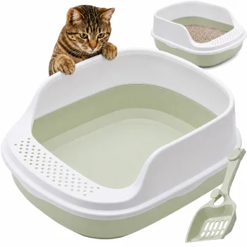 Open Cat Litter Box with Rim and Scoop, 48x38x19 cm, Green