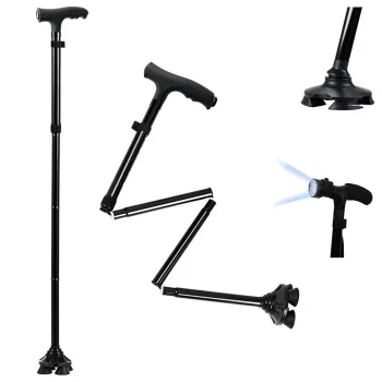 Folding Walking Cane with 6 LED Flashlight and 4-Point Base, Black