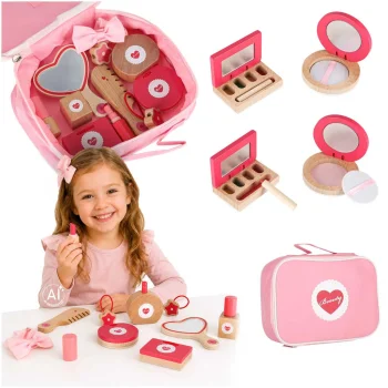 Wooden Makeup Cosmetic Toy Set in Bag for Kids, 11 Pieces, Pink