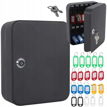 Lockable Metal Key Box for 20 Keys with Tags, Black