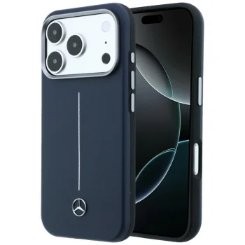 Mercedes Leather Semi Wrap Iconic Line MagSafe Case for iPhone 17 Pro Max, Navy Blue