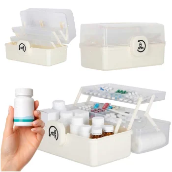 Large XL Medicine Organizer Box with 3 Tiers, 29x19x15.5 cm, White/Translucent