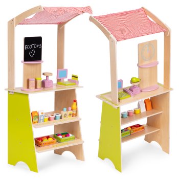 Ecotoys HM328234 Large Wooden Toy Shop for Kids with Terminal and Scales, 20 Elements