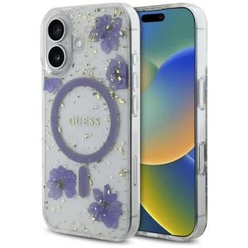 Guess Resin Flowers Glitter MagSafe Case for iPhone 16 Purple