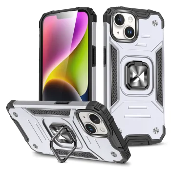 Wozinsky Ring Armor dėklas telefonui iPhone 15 Plus su žiedu ir stovu, sidabrinis