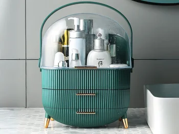 Cosmetic Organizer with Drawers and Carrying Handle, Green/Gold