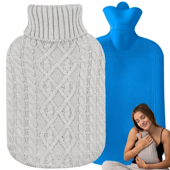 Large rubber hot water bottle with sweater cover, 2L, grey