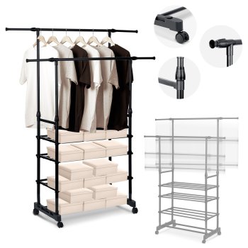 Sturdy clothes rack with shelves and wheels Massido 686300, black