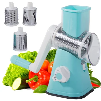 Manual Rotary Vegetable Grater and Slicer 3-in-1 with 3 Drums, Blue