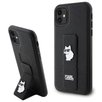 Apple iPhone 11 6.1'' Karl Lagerfeld Gripstand Saffiano Choupette Pins Cover Case, Black