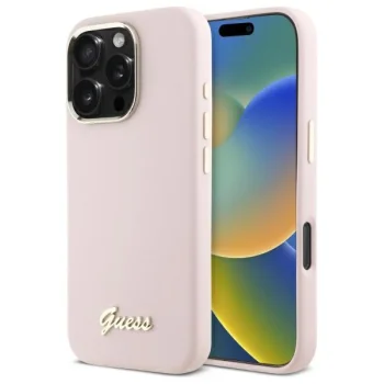 Guess iPhone 16 Pro Max Case Silicone Script Metal Logo & Frame, Pink