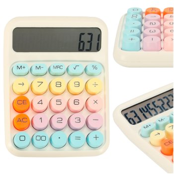 Office calculator with round colorful buttons, white