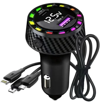 Car Charger USB-C 15W + USB-A 15W with 3-in-1 Cable and Display, Black