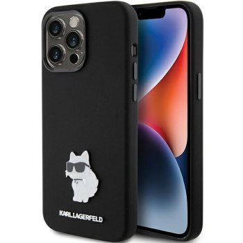 Apple iPhone 15 Pro 6.1" Karl Lagerfeld Silicone Choupette Metal Pin Case Cover, Black