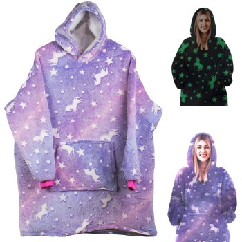Warm Oversized Hoodie Blanket, Glow in the Dark, Purple with Ponies