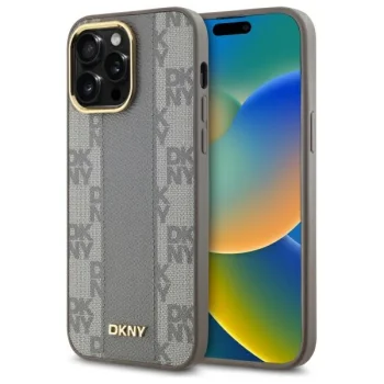 DKNY iPhone 14 Pro Max Case Leather Checkered Mono Pattern MagSafe, Beige