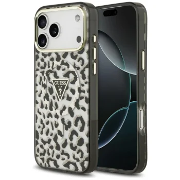 Guess IML Leopard Glitter Triangle Logo MagSafe Case for iPhone 17/18 Pro Max - Black