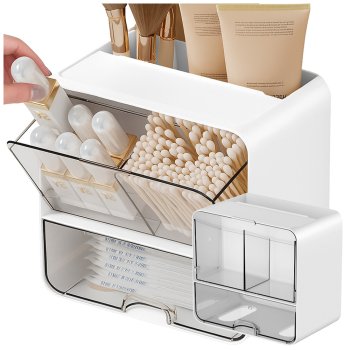 Vannasistabas organizators kosmētikai ar atvilktni, sienas plaukts uzglabāšanai, balts